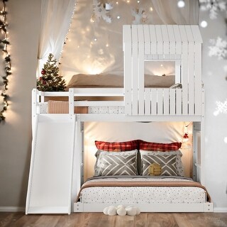 Playhouse-inspired Style Twin over Full Wooden Bunk Bed,Loft Bed with Playhouse,Farmhouse, Ladder, Slide and Guardrails