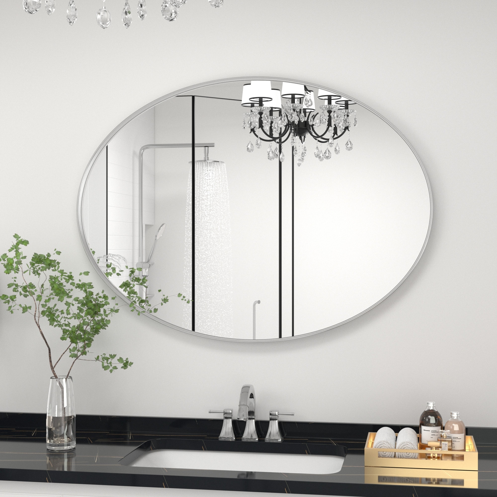 Modern Wall Mirror Oval Mirror with Metal Framed Bathroom Mirror
