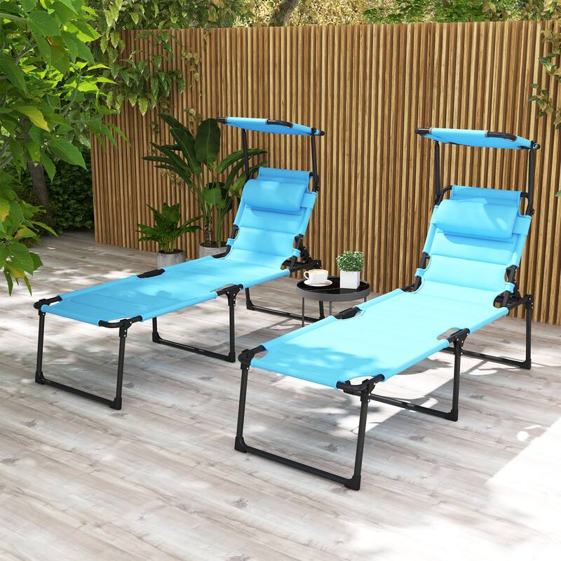 Outsunny 2 Pcs Outdoor Lounge Chair, 4 Position Adjustable Backrest Folding Chaise Lounge, Cushioned Tanning Chair - Blue