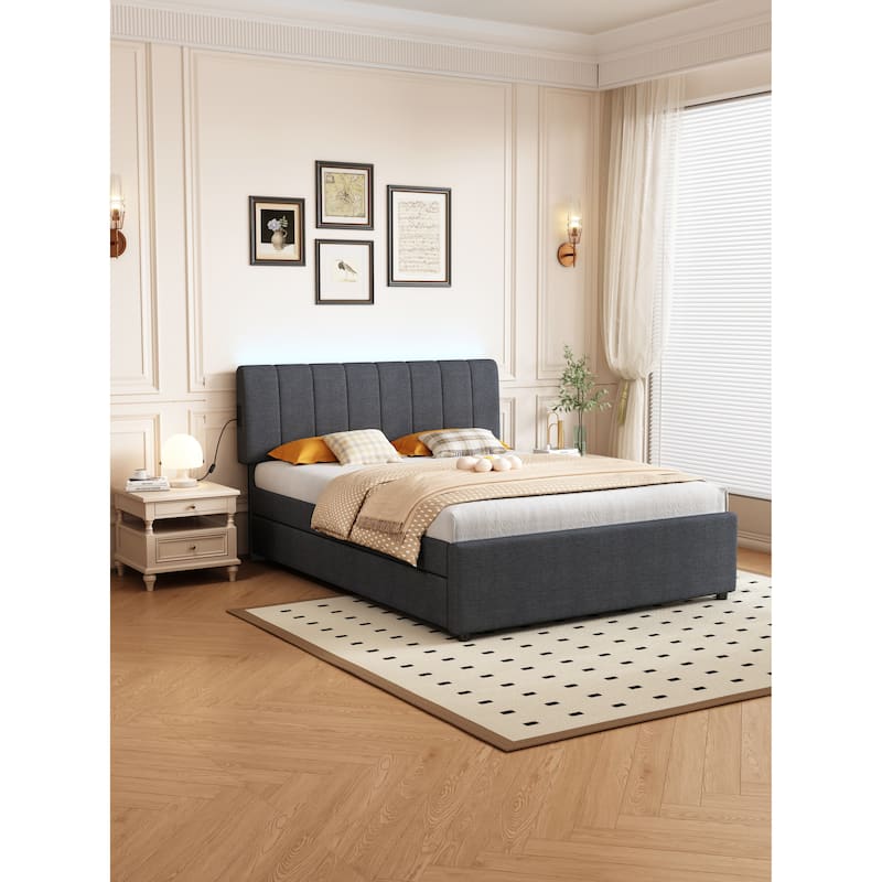Full Size Platform Bed with Twin Trundle - LED Lighting, Charging Station And 800lb Capacity