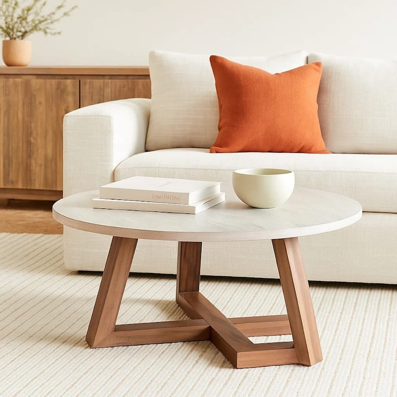 Dilly Coffee Table, 48 Inch Round Light Gray Top, Wheat Brown Solid Wood