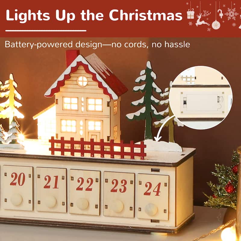 HOMCOM Christmas Calendar with 24 Drawers, Reusable Lighted Wood-Effect Countdown to Christmas Calendar with Village Scene