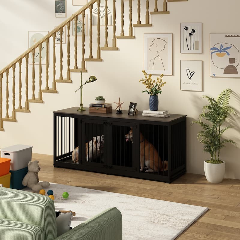 Dog Crate Furniture Indoor - Wooden Dog Kennel with Room Divider,Trays