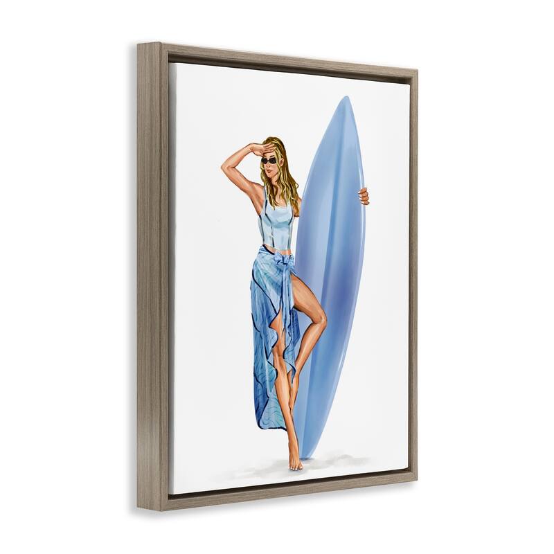 Stupell Trendy Surfer Girl in Blue Framed Floater Canvas Wall Art Design By Ziwei Li