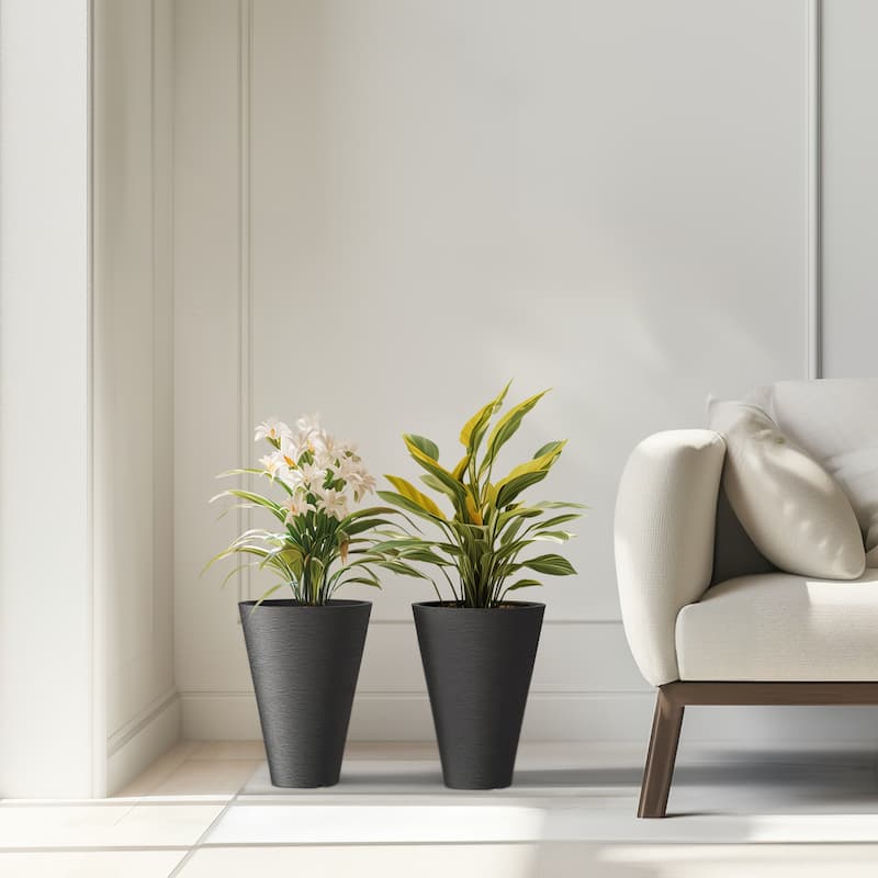Black Tall Plastic Round Plant Pots / Large Indoor and Outdoor Flower Planters, 2 Piece Set - 2 Piece Set (13 Inch High) - Charcoal Black