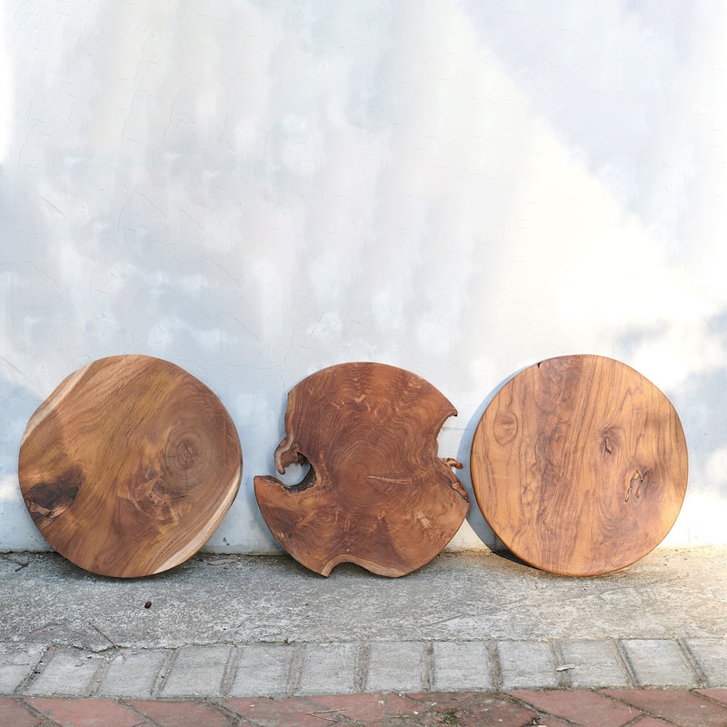 Greenage Round Teak Wood Slab Table Top - 15.74" x 15.74" x 2"