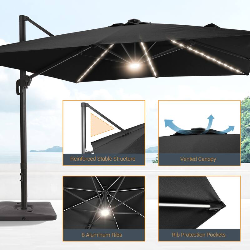LIVOOSUN Patio10x10FT LED Aluminum Cantilever Umbrella Solution-Dyed Fabric w/Base