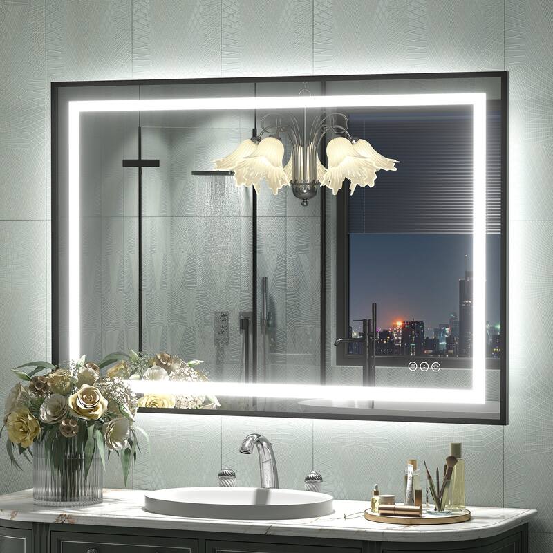 Black Metal Framed LED Front Light and Backlit Anti-Fog Wall Bathroom/ Vanity Mirror - 44" x 30"-Square Corner - Black