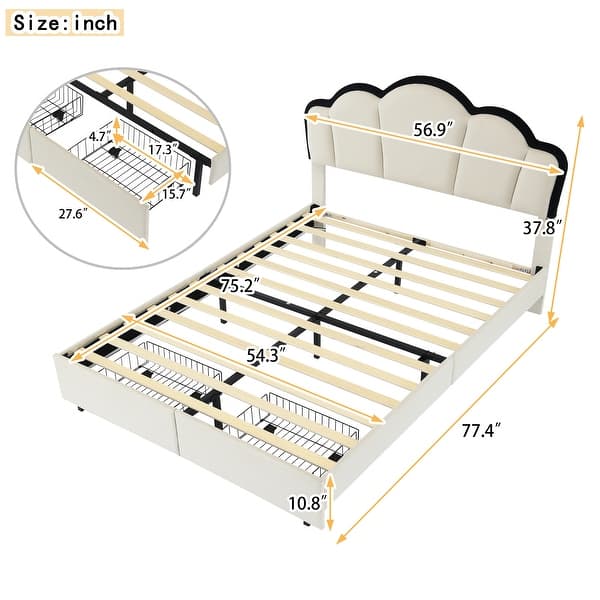 dimension image slide 1 of 2, Princess-Themed Full Upholstered Platform Bed with LED & Drawers