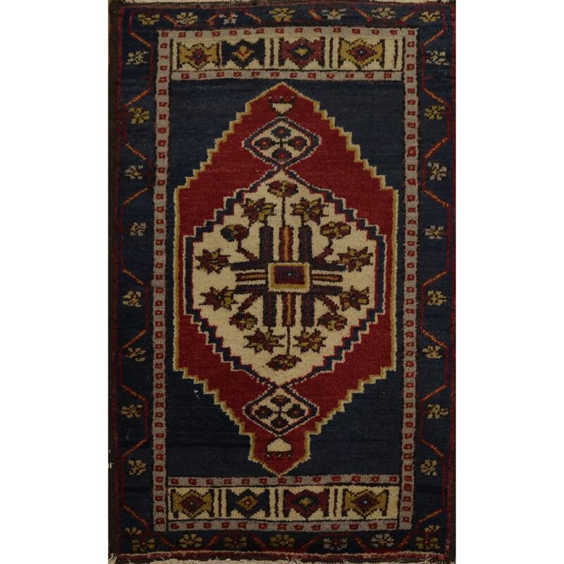 Hand Knotted Oriental 100% Wool Carpet Transitional Geometric Navy Blue & Blues Anatolian Area Rug - 2' 10'' X 1' 9''
