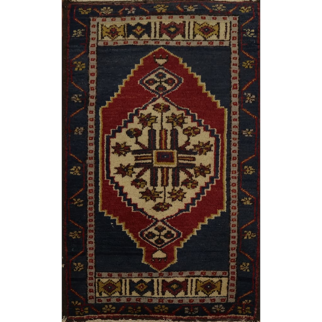 Hand Knotted Oriental 100% Wool Carpet Transitional Geometric Navy Blue & Blues Anatolian Area Rug - 2' 10'' X 1' 9''