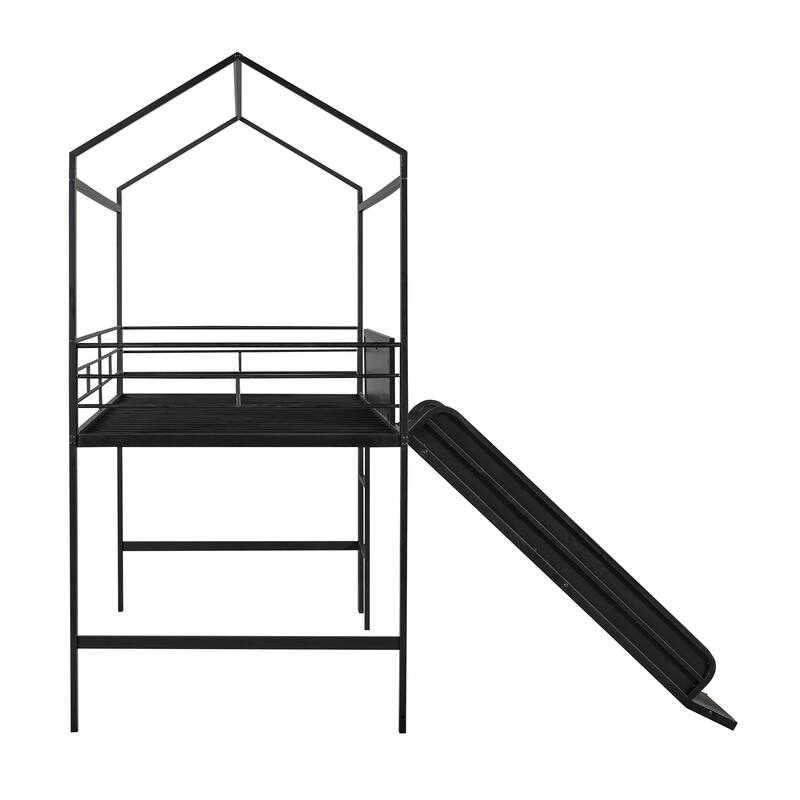 Twin Size Metal Loft Bed with Slide and Writable Wooden Board