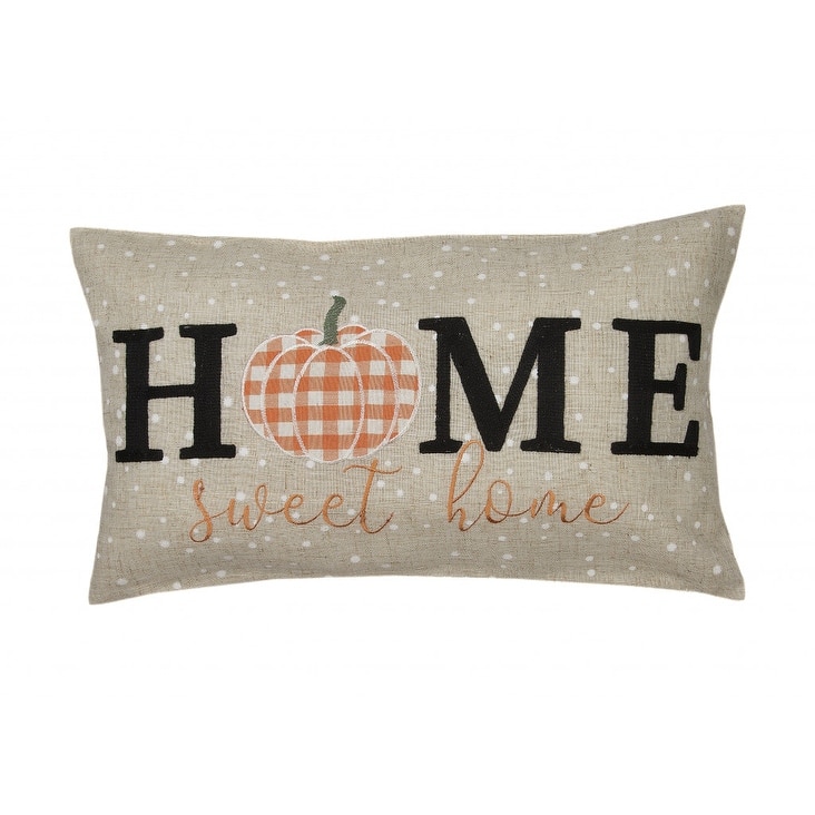 12" X 20" Beige and Orange Thanksgiving Pumpkin Linen Blend Zippered Pillow With Embroidery