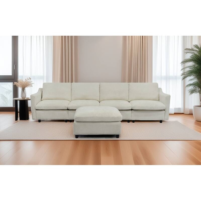 4-Seater Modern Beige Fabric Modular Sofa with Ottoman, Armrest Pockets and 4 Pillows