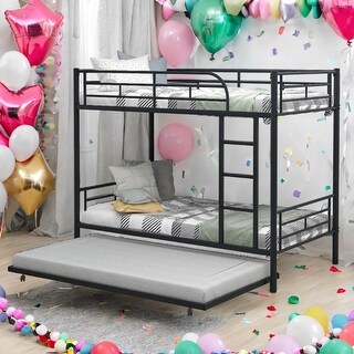 Twin-Over-Twin Metal Bunk Bed With Trundle,Can be Divided into two beds,No Box Spring needed,Ultimate Space Saver