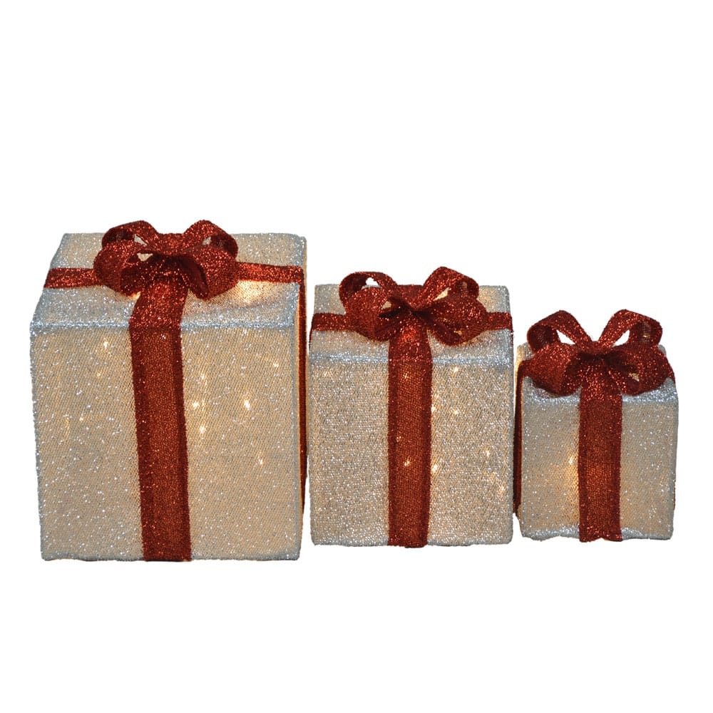 Candy Cane Lane 3D Led Pre-Lit Yard Art Presents; Silver Box W/Red Bows 8",10"12 Nested