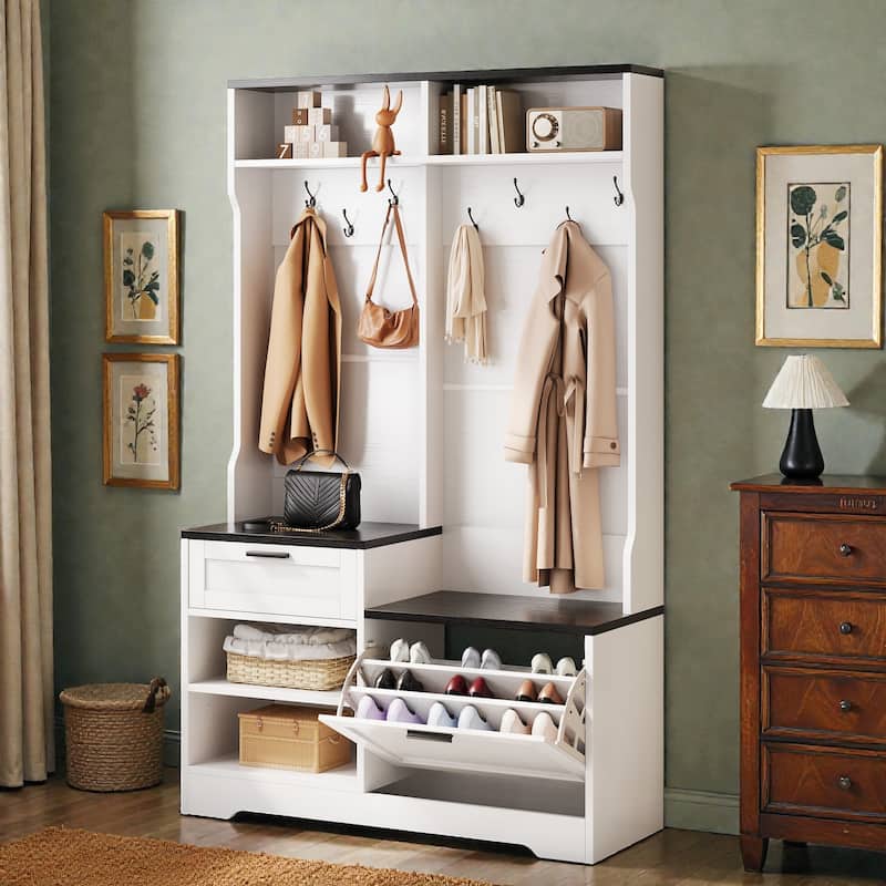 6 in 1 Hall Tree with Bench and Shoe Storage, Entryway Organizer with Flip Shoe Cabinet, Hooks and Drawer - White Black