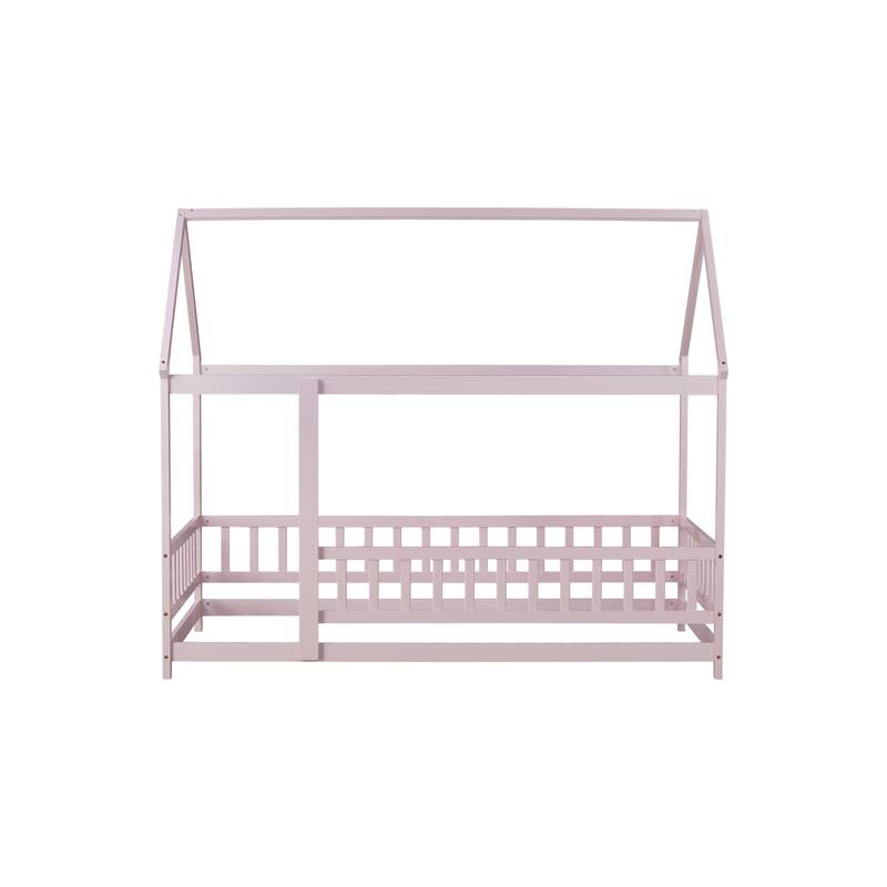 Twin Size House Floor Wooden Bed with Roof Frame,Safety Guardrails