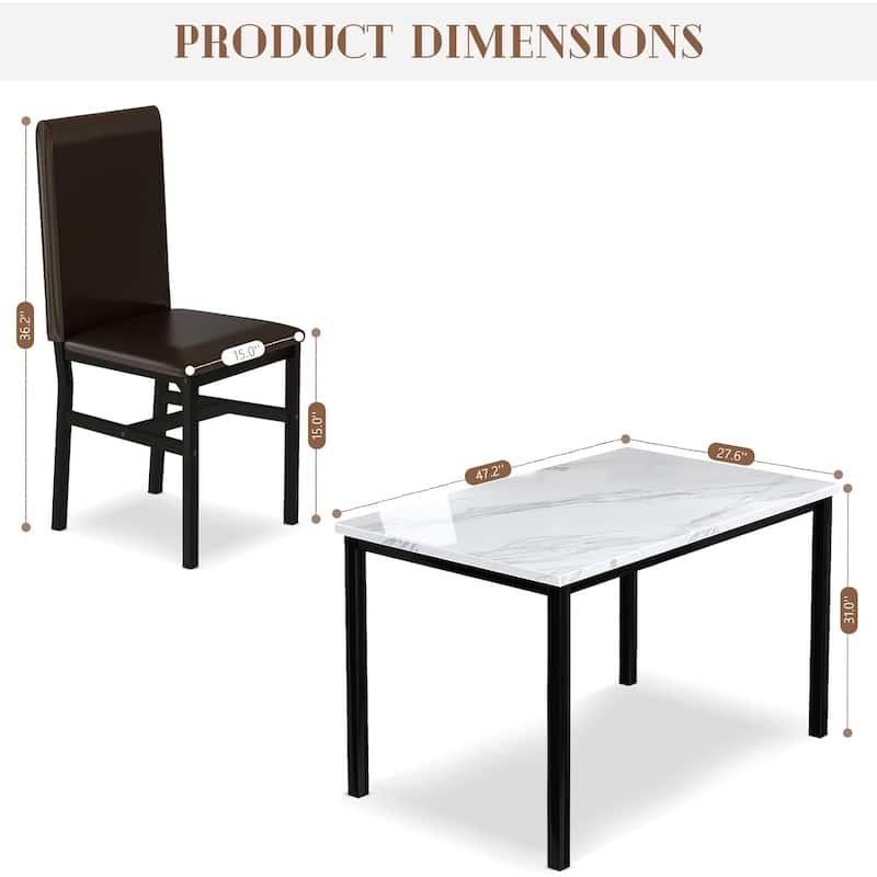 5 - Piece Dining Set, Faux Marble Kitchen Table & Chair Set, 4 Espresso Faux Leather Metal Frame Chairs for Home, Breakfast Nook