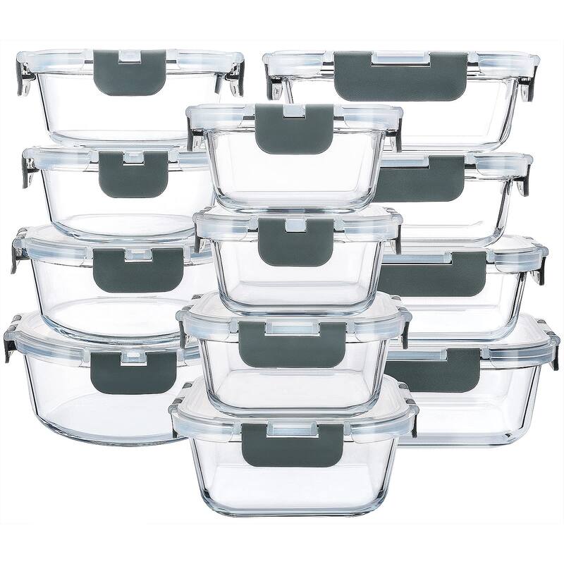 24-Piece Glass Food Storage Containers with Upgraded Snap Locking Lids,Glass Meal Prep Containers Set - Silver