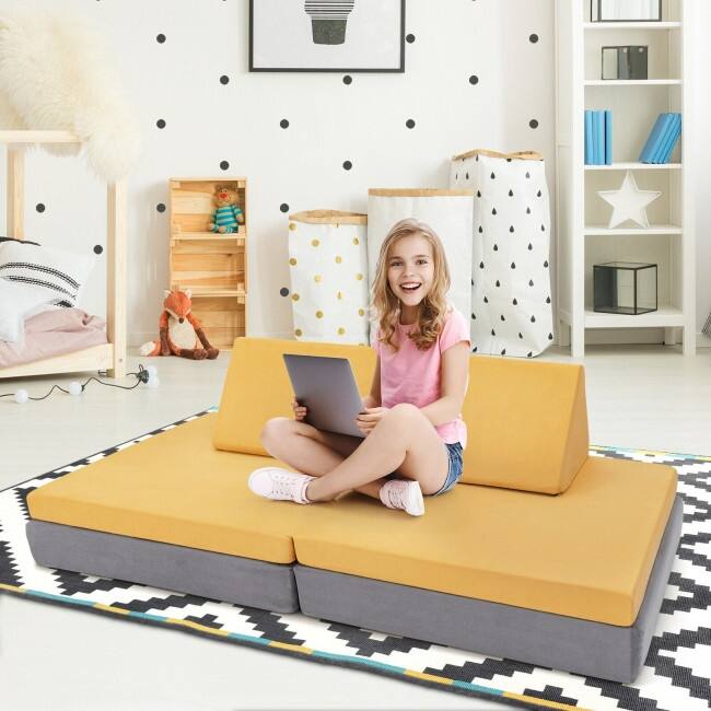 4-Piece Convertible Kids Couch Set with 2 Folding Mats - 66" x 33" x 5.5" (L x W x H)