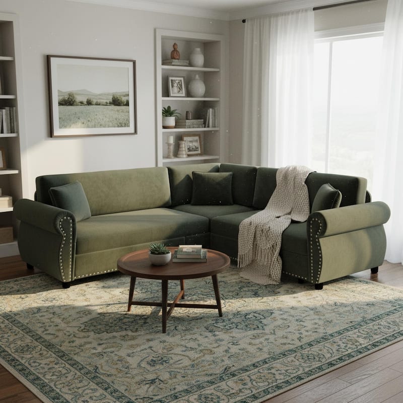 Homy Casa L-Shaped Sectional Sofa w/ Pull-Out Bed, Chenille Sleeper Couch w/ Nailhead Trim & Rolled Arm, Oversize