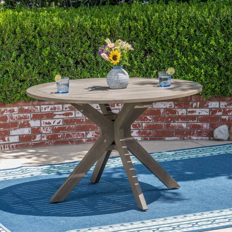 Roomfitters Stanford Outdoor Round Acacia Wood Dining Table with X-Base, Slat Top, Grey