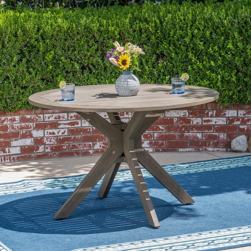 Stanford Outdoor Round Acacia Wood Dining Table with X Base, Gray Finish - Grey