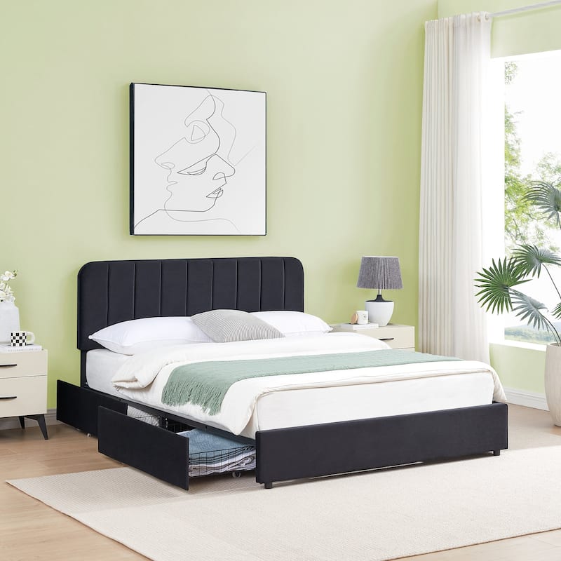 Javlergo Upholstered Platform Bed Frame with Storage Drawers and Adjustable Headboard, No Box Spring Needed