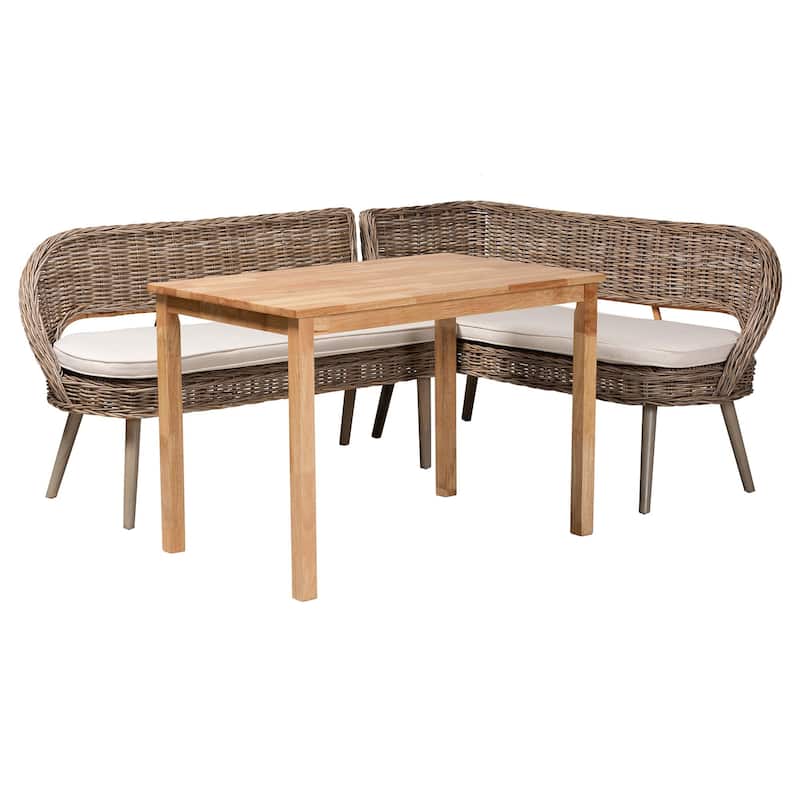 Raisa Modern Bohemian Natural Kubu Rattan Bench and Wood Table Dining Nook Set - 3-Piece