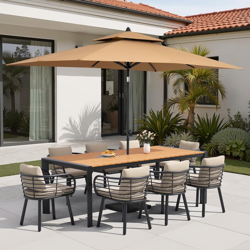 9/11-Piece Outdoor Patio Dining Set w/10 ft Umbrella and Base Aluminum Dining Table and Dining Chairs with Sunbrella Cushions