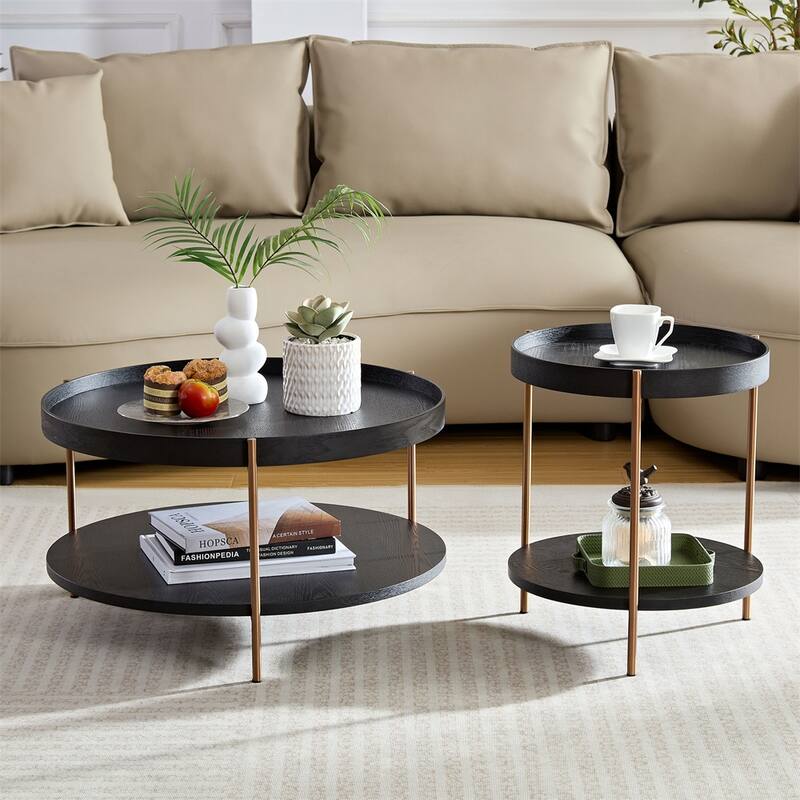 2-Piece Modern 2 Tier Round Coffee Table Set for Living Room