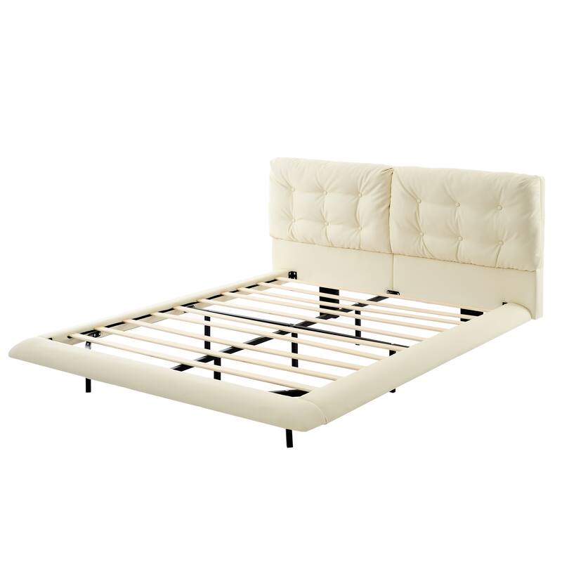 Christopher Knight Home- Lorcan PU Leather Floating Bed Frame with LED Lights and Button-Tufted Headboard