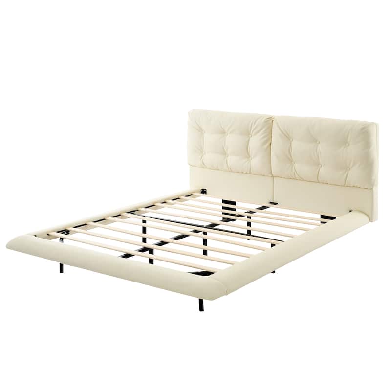 Queen Size Upholstered Floating Bed Frame with LED Lights, PU Leather Platform Bed with Button-tufted Headboard