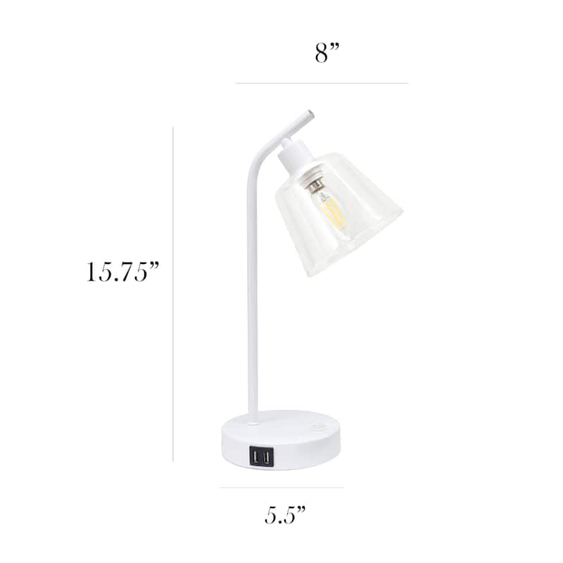 Modern Industrial Desk Lamp with Clear Glass Shade and Dual USB Charging Ports Multiple Colors - 8" (L) x 5.5" (W) x 15.75" (H)