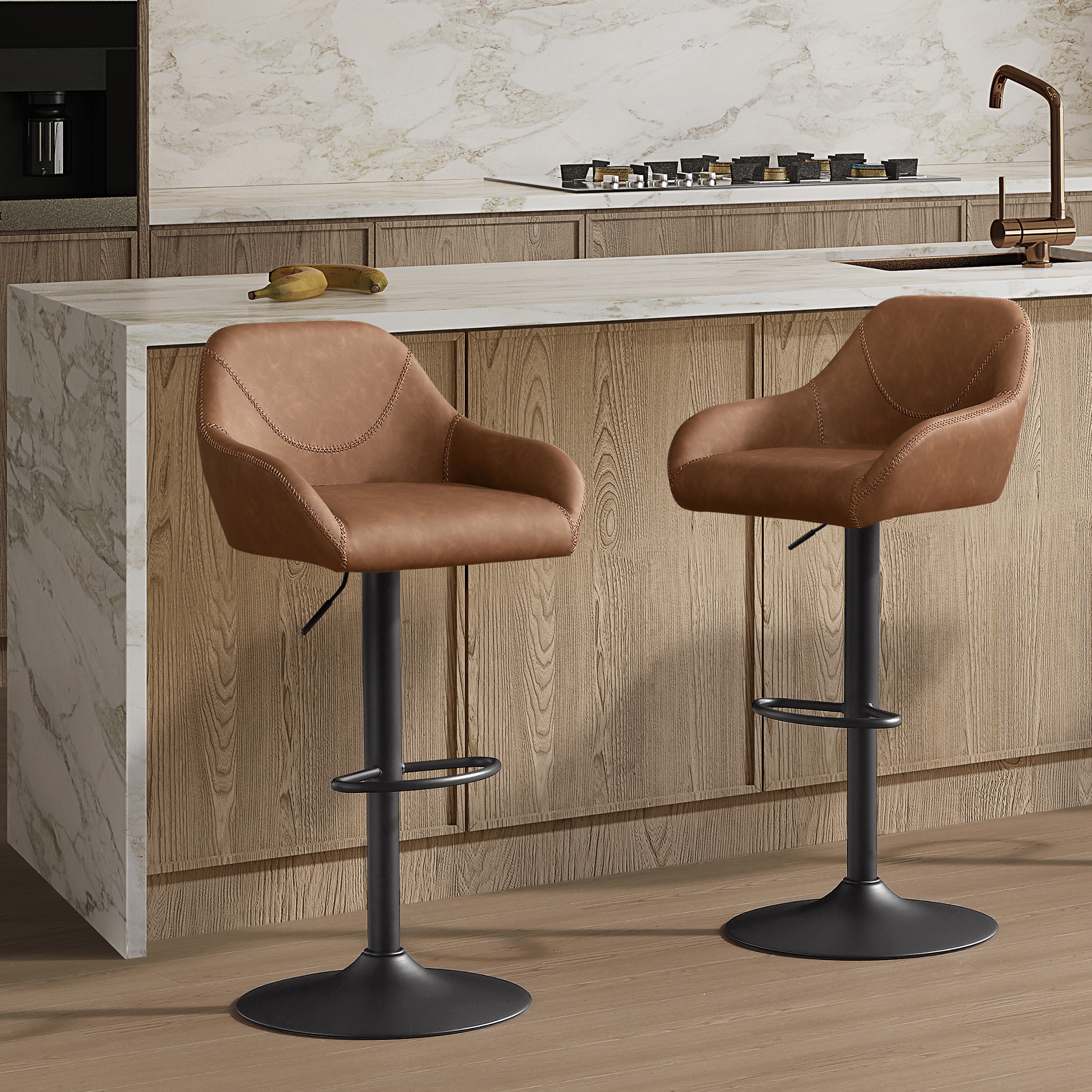 Art Leon Set of 2 Mid Century Swivel and Adjustable Upholstered Barstools