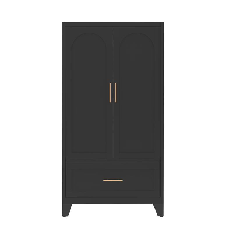 60" Tall Metal Wardrobe Cabinet with Drawer, Hanging Rod & Shelf, 2-Door Closet