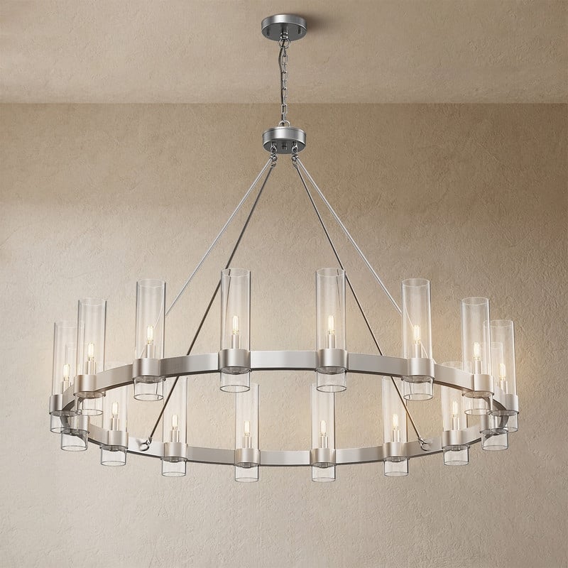 KAYLA 48" 16-Light Gold Chandelier, Wagon Wheel Chandelier with Glass Shade, Modern Farmhouse Chandelier - 48in - SLIVER-48"