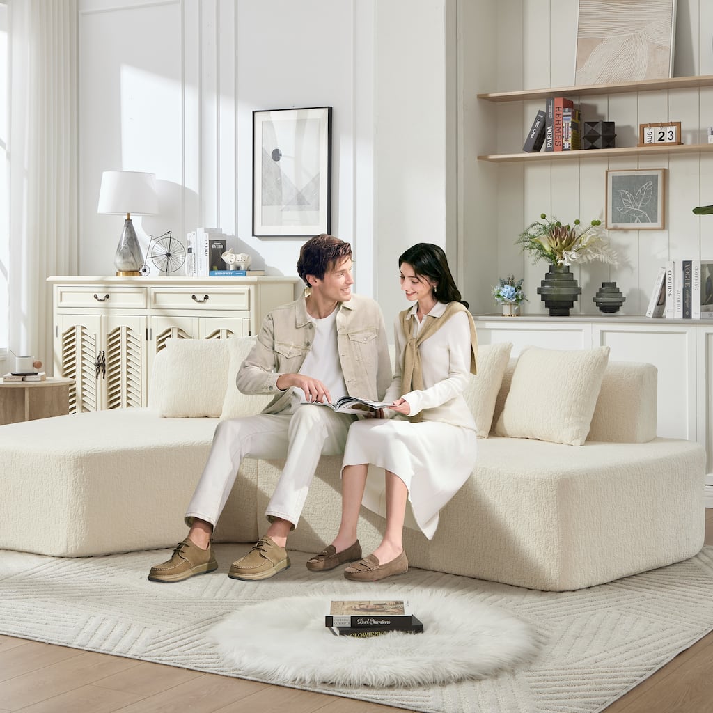 Irregular L-Shaped Modular Sectional Sofa with Chaise Lounge, Comfy Corduroy Deep Seat Cloud Couch, 3 Seat Sofa with 5 Pillows