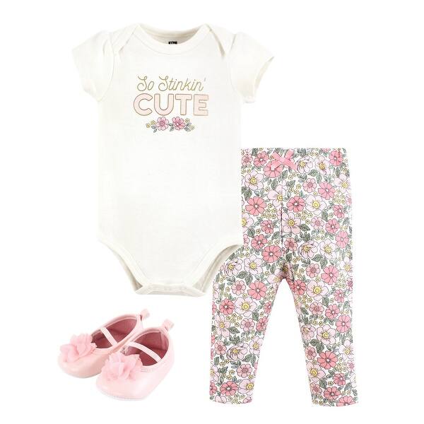slide 1 of 1, Hudson Baby Infant Girl Cotton Bodysuit, Pant and Shoe Set, So Stinkin Cute 0-3 Months - So Stinkin Cute