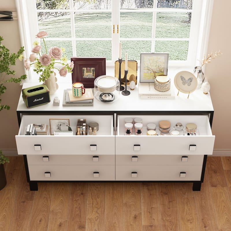 63" Modern 8 Drawer Dresser, Black & White Double Wide Bedroom Storage Chest
