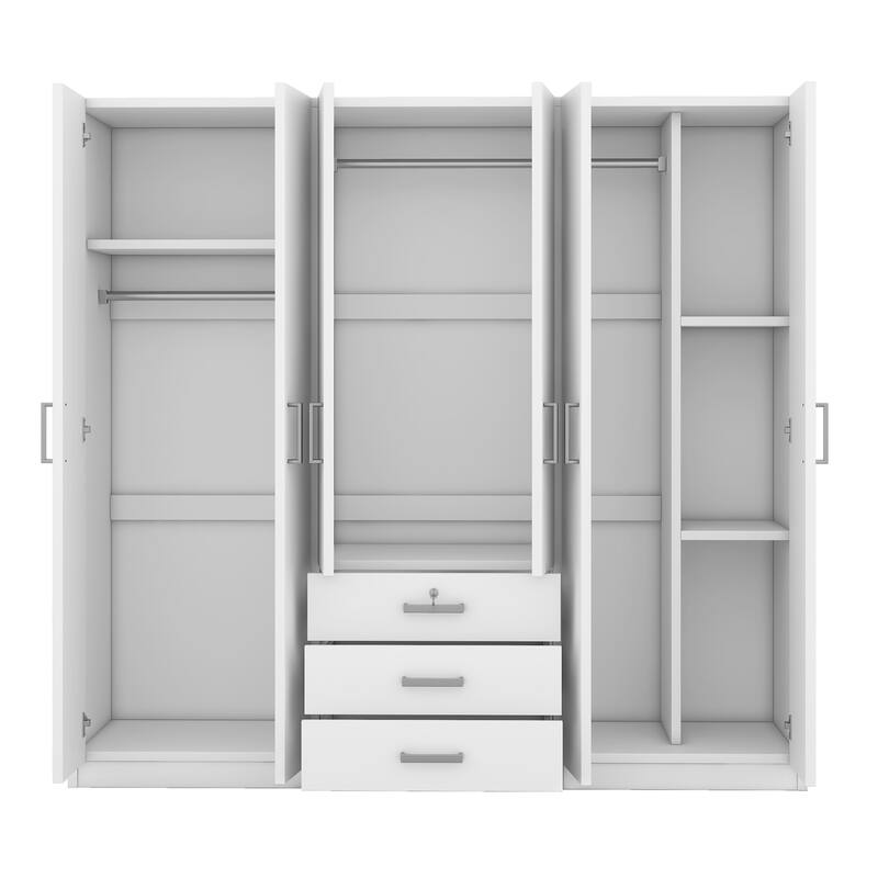 6-Doors Wooden Wardrobe Storage Modern Simple Wardrobe Hidden Wardrobe with Big Drawers and Silver Handles for Cloakroom