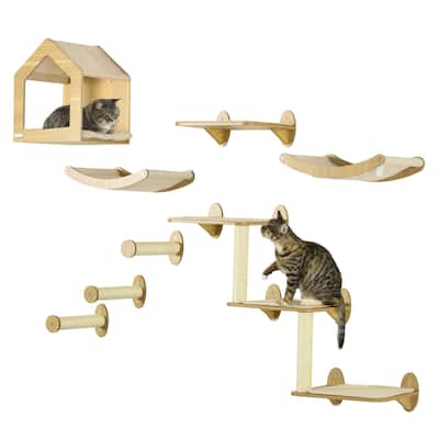 PawHut 8Pcs Wall Mounted Cat Tree Cat Shelf Set, Cat Wall Furniture with Cat Hammocks, Condo, Perches, Steps, Modern Cat Tree