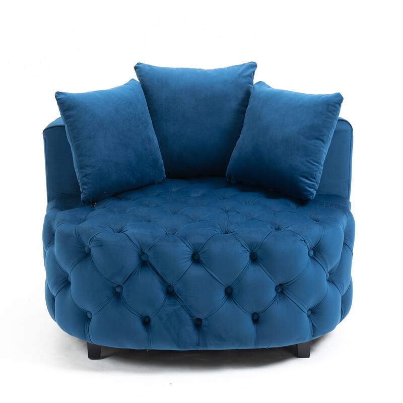 Blue Modern 24" Velvet Upholstered Buttons Tufted Barrel Chair with Pillows