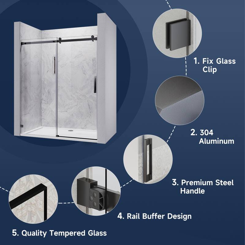 Elegant Frameless Shower Door Double Sliding Shower Glass Door 60"x72" with 5/16" Clear Tempered Glass