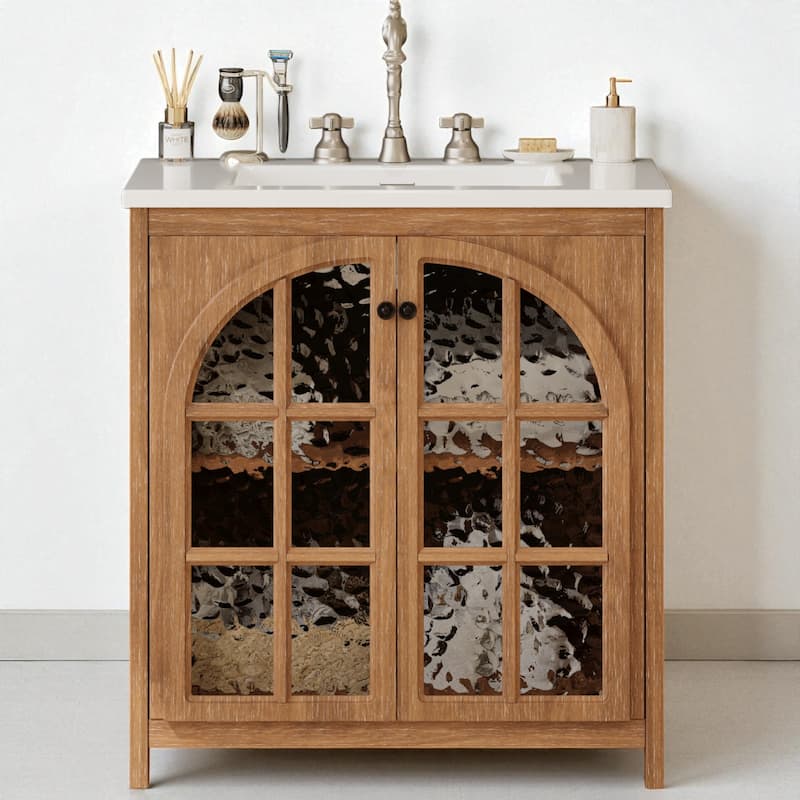 31" Farmhouse Bathroom Vanity with Ceramic Sink, Vintage Rustic Cabinet, Soft-Close Doors, Bronze Pulls - Natural