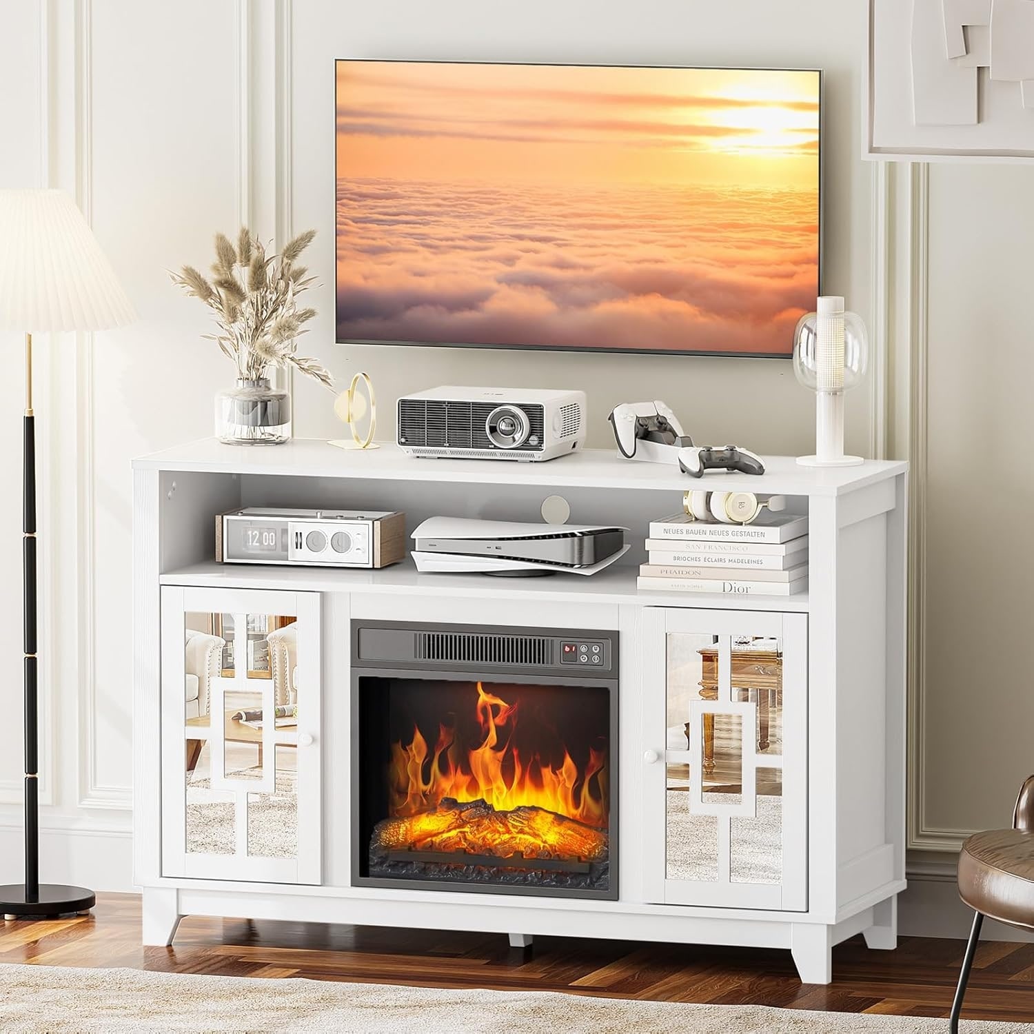 TV Stand for 60" with Electric Fireplace - Modern Media Console with Glass Door Storage, White