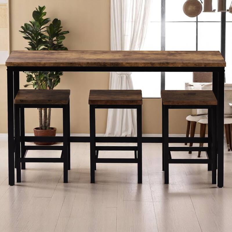 4-Piece Counter Height Dining Table Set with 3 Stools, Pub Table with Footrests, Metal Frame Kitchen Bar Set for Small Spaces