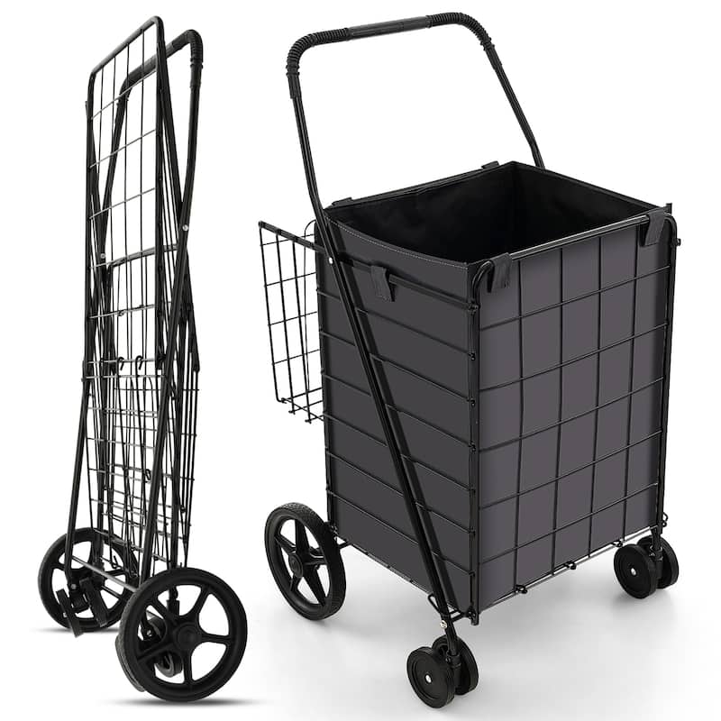 Gymax Folding Shopping Cart Utility Double Basket Grocery Cart w/ - Black