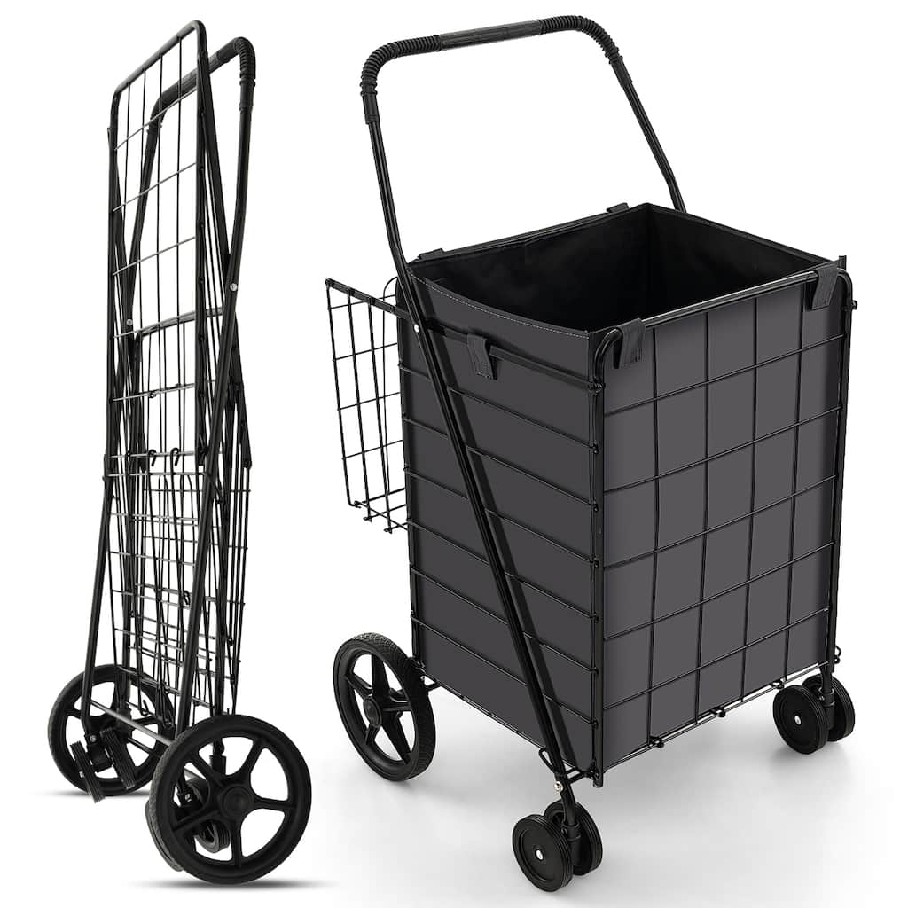 Gymax Folding Shopping Cart Utility Double Basket Grocery Cart w/
